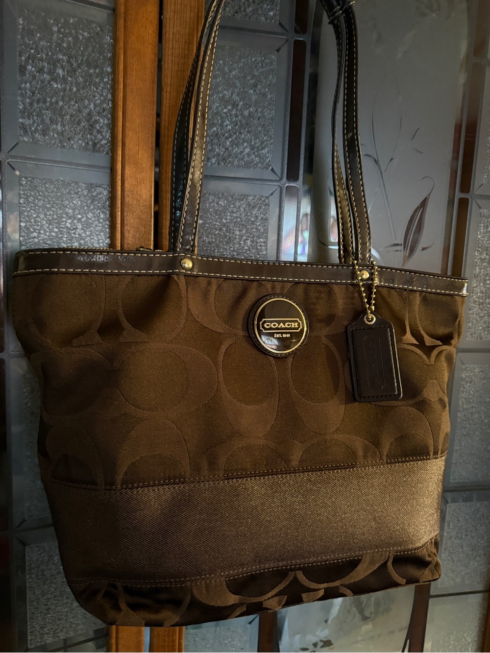 Coach Brown Signature Canvas Tote with Leather Trim